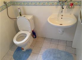 Sociální zařízení s toaletou, umyvadlem a sprchovým koutem